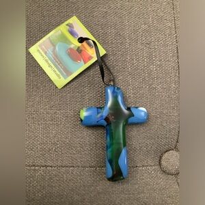 Fused Glass Cross ornament, Crucifix new with tags handmade blue